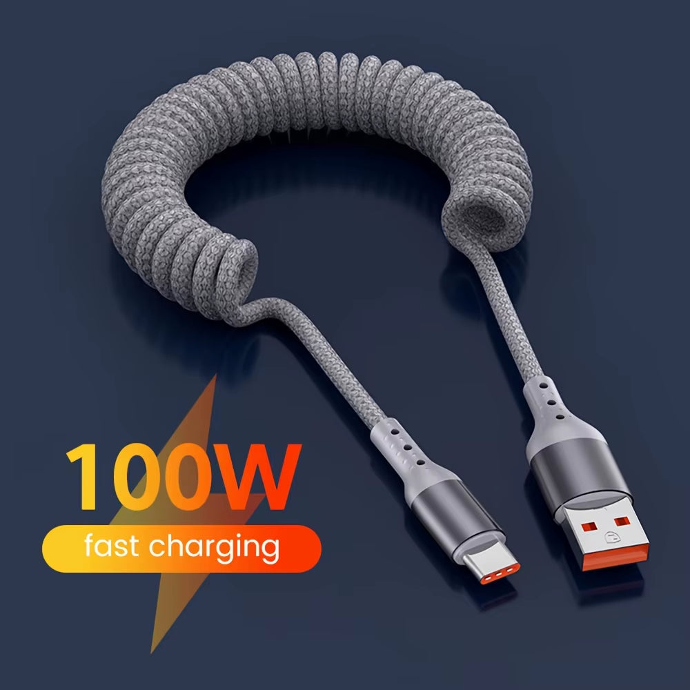 100W USB Type C Spring Car Fast Charging Cable for Samsung Xiaomi Huawei 60W USB C Data Cord for Iphone 15 Huawei USB C Wire