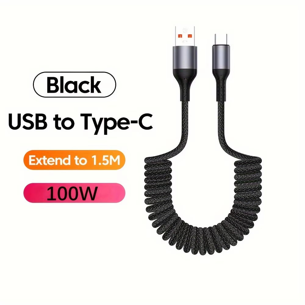 100W USB Type C Spring Car Fast Charging Cable for Samsung Xiaomi Huawei 60W USB C Data Cord for Iphone 15 Huawei USB C Wire